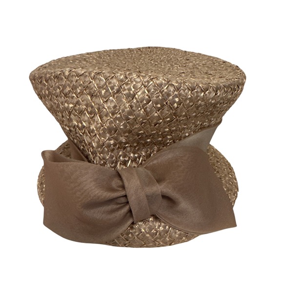 Original Roberta Bernays Vintage 1950s‑60s Straw Hat Tan Woven Bow Union‎ Made